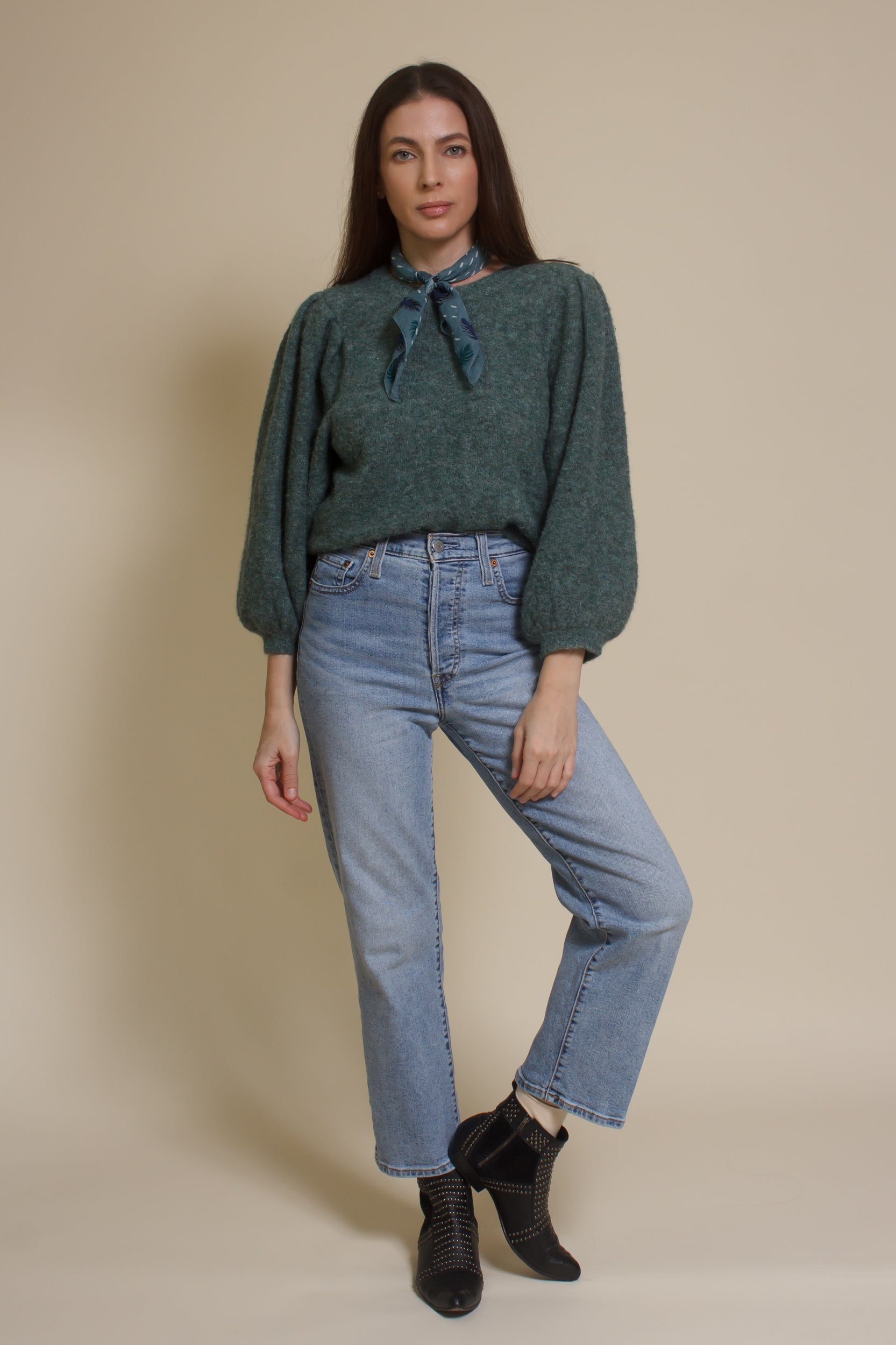 Lush Brand puff sleeve sweater, in pine.