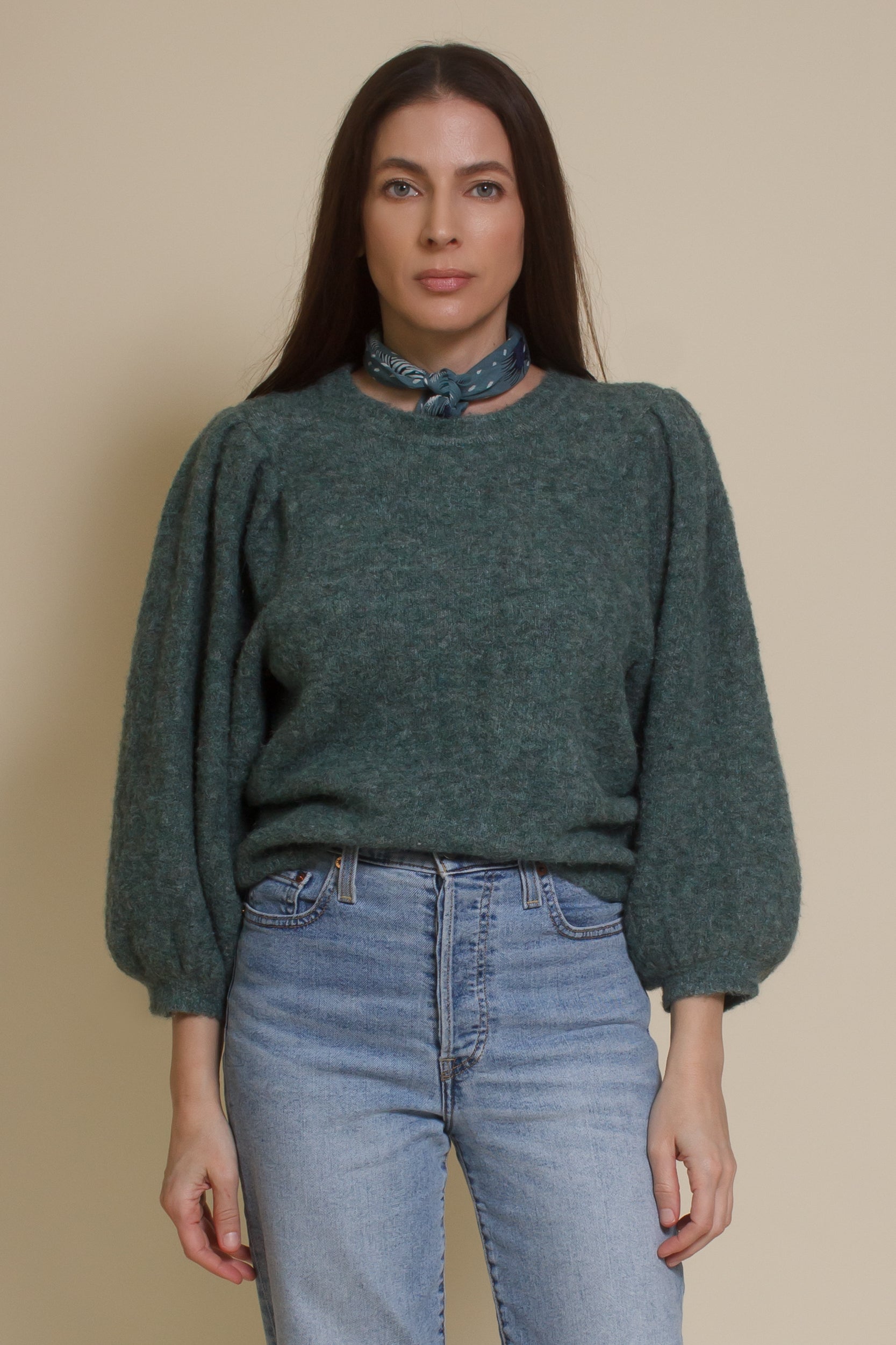 Lush Brand puff sleeve sweater, in pine.