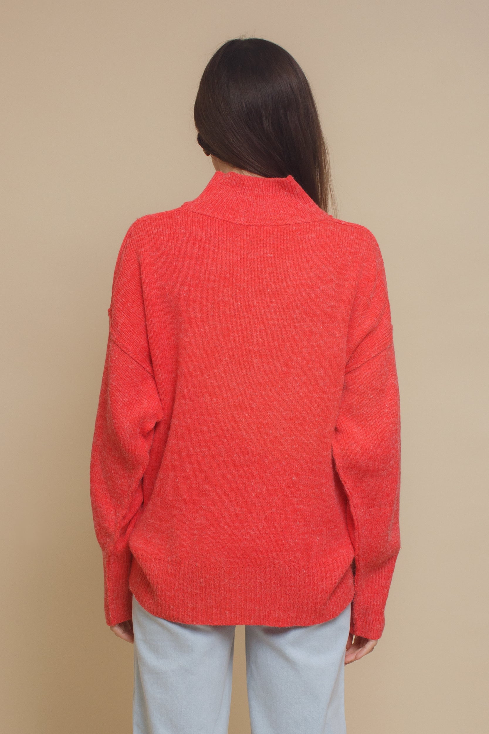 La Miel mock neck slouchy sweater, in tomato red.