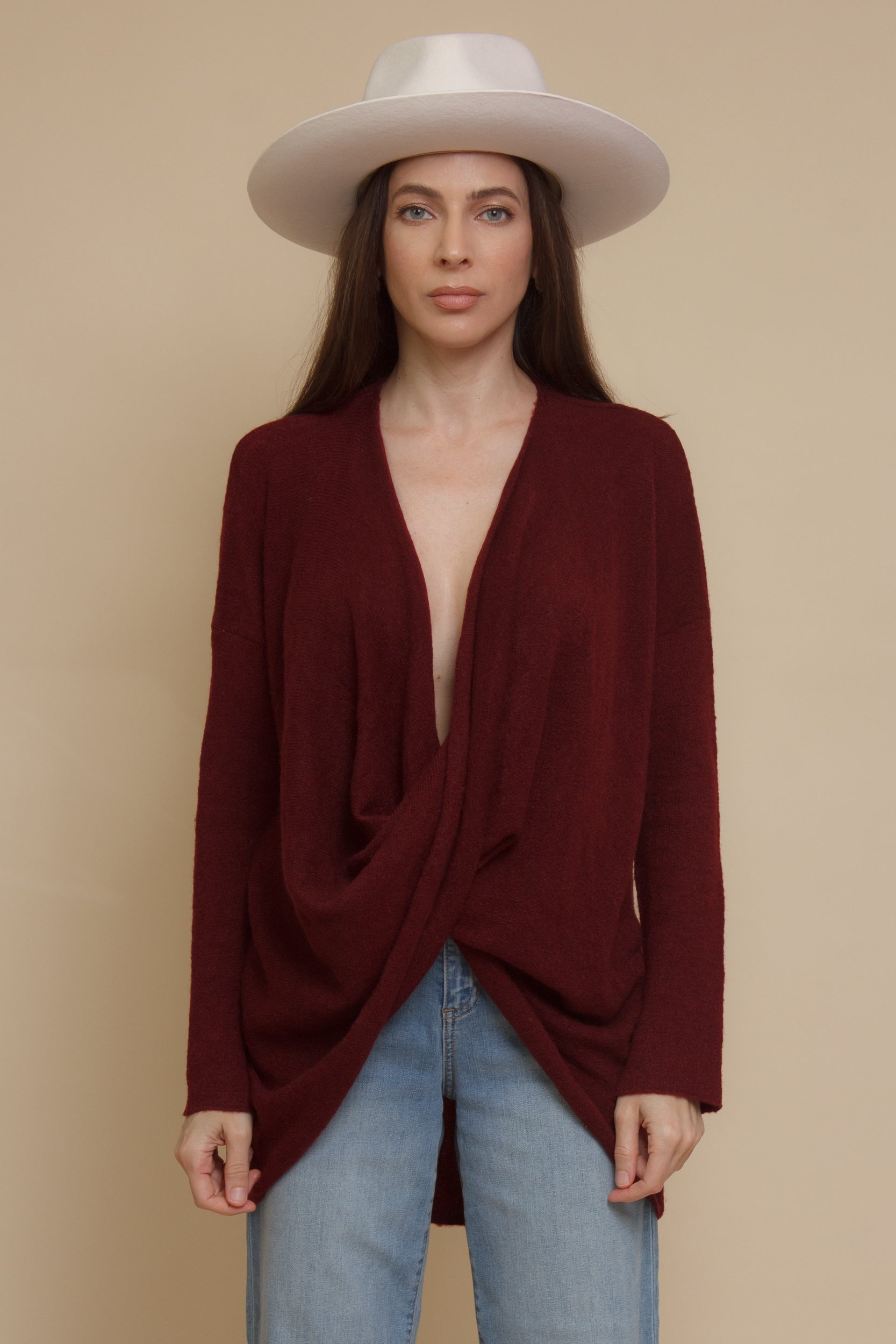 Hem & Thread twist front sweater, in burgundy.