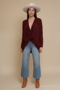 Hem & Thread twist front sweater, in burgundy.