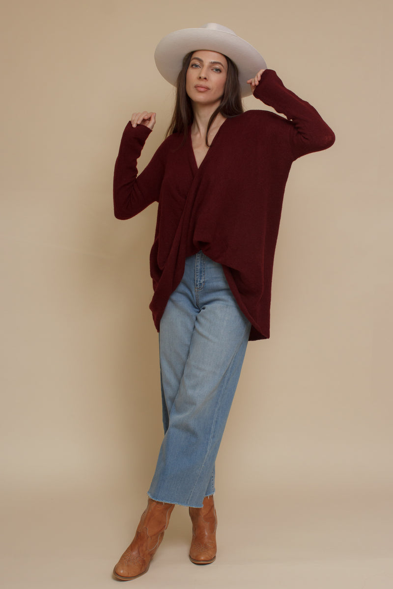 Hem & Thread twist front sweater, in burgundy.