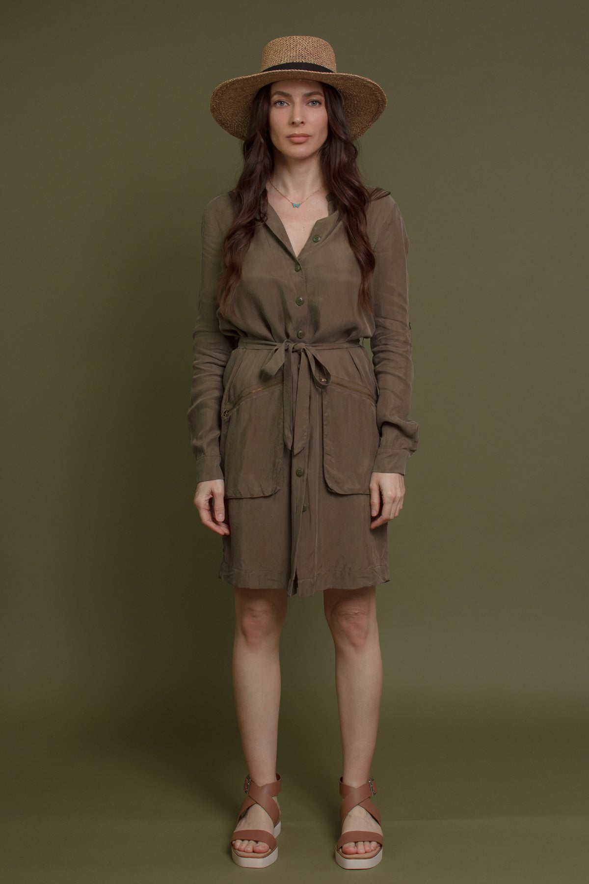 Shirt dress with zipper pockets, in olive.