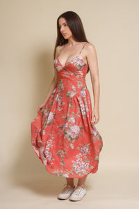 Storia basque waist floral midi dress, in coral.