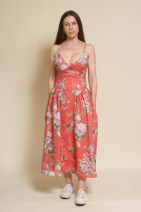 Storia basque waist floral midi dress, in coral.