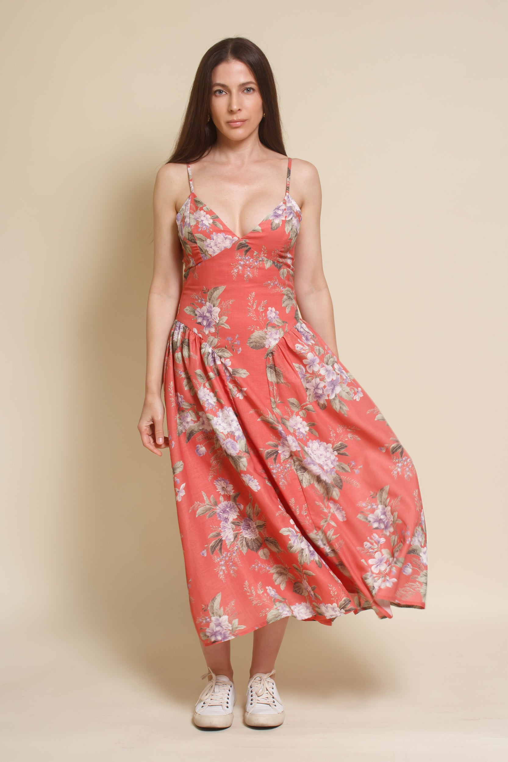 Storia basque waist floral midi dress, in coral.