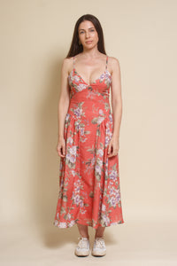 Storia basque waist floral midi dress, in coral.