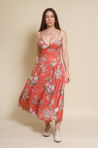 Storia basque waist floral midi dress, in coral.