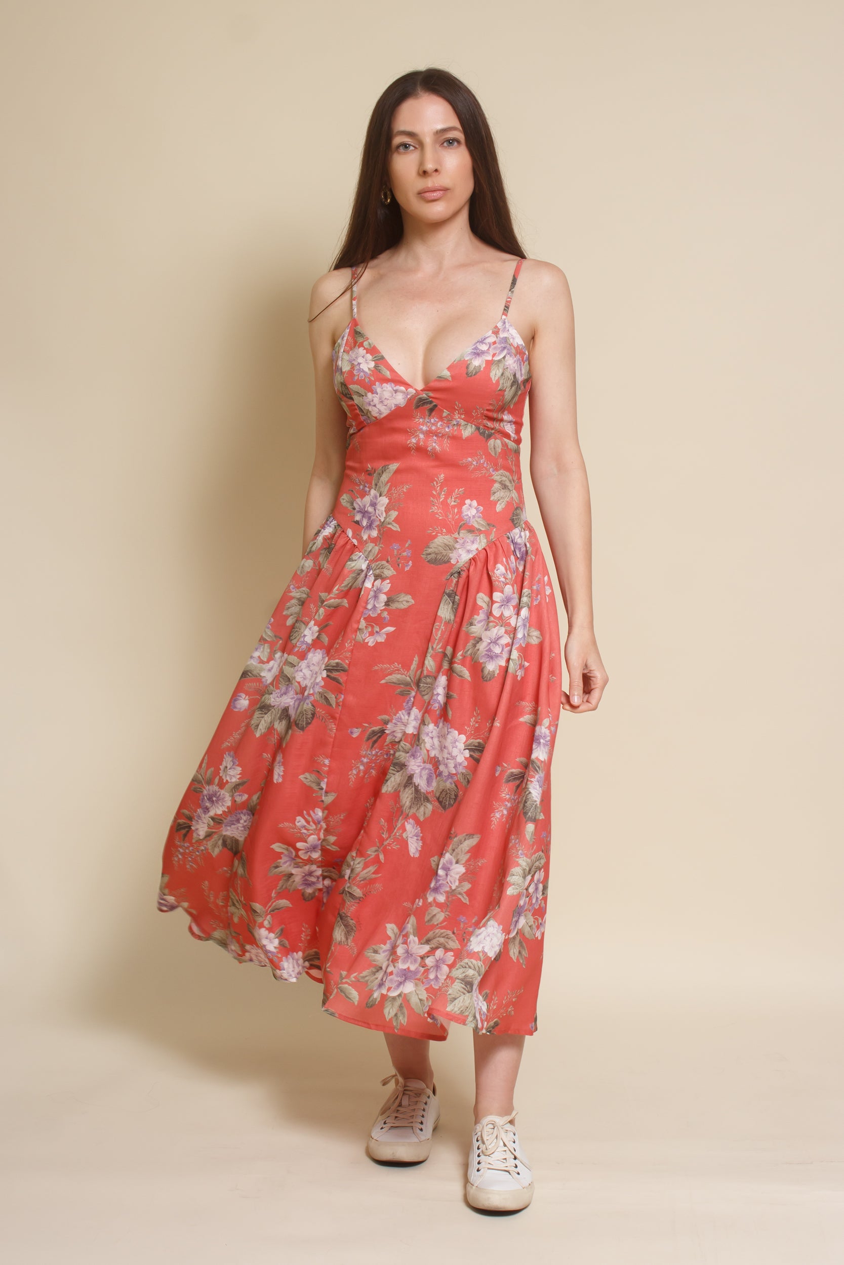 Storia basque waist floral midi dress, in coral.