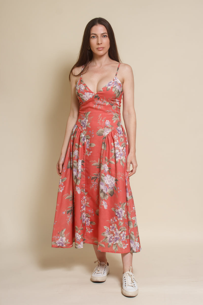 Storia basque waist floral midi dress, in coral.