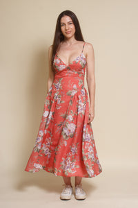 Storia basque waist floral midi dress, in coral.