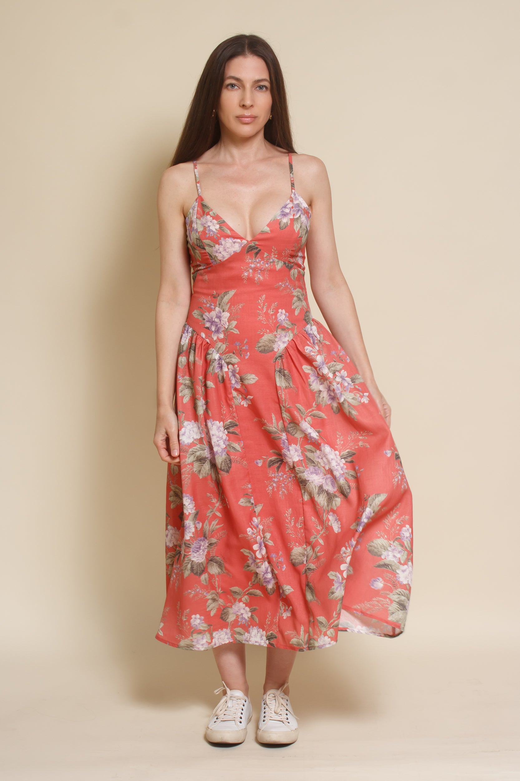 Storia basque waist floral midi dress, in coral.