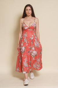 Storia basque waist floral midi dress, in coral.