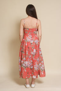 Storia basque waist floral midi dress, in coral.
