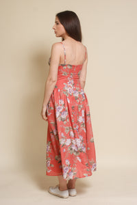 Storia basque waist floral midi dress, in coral.