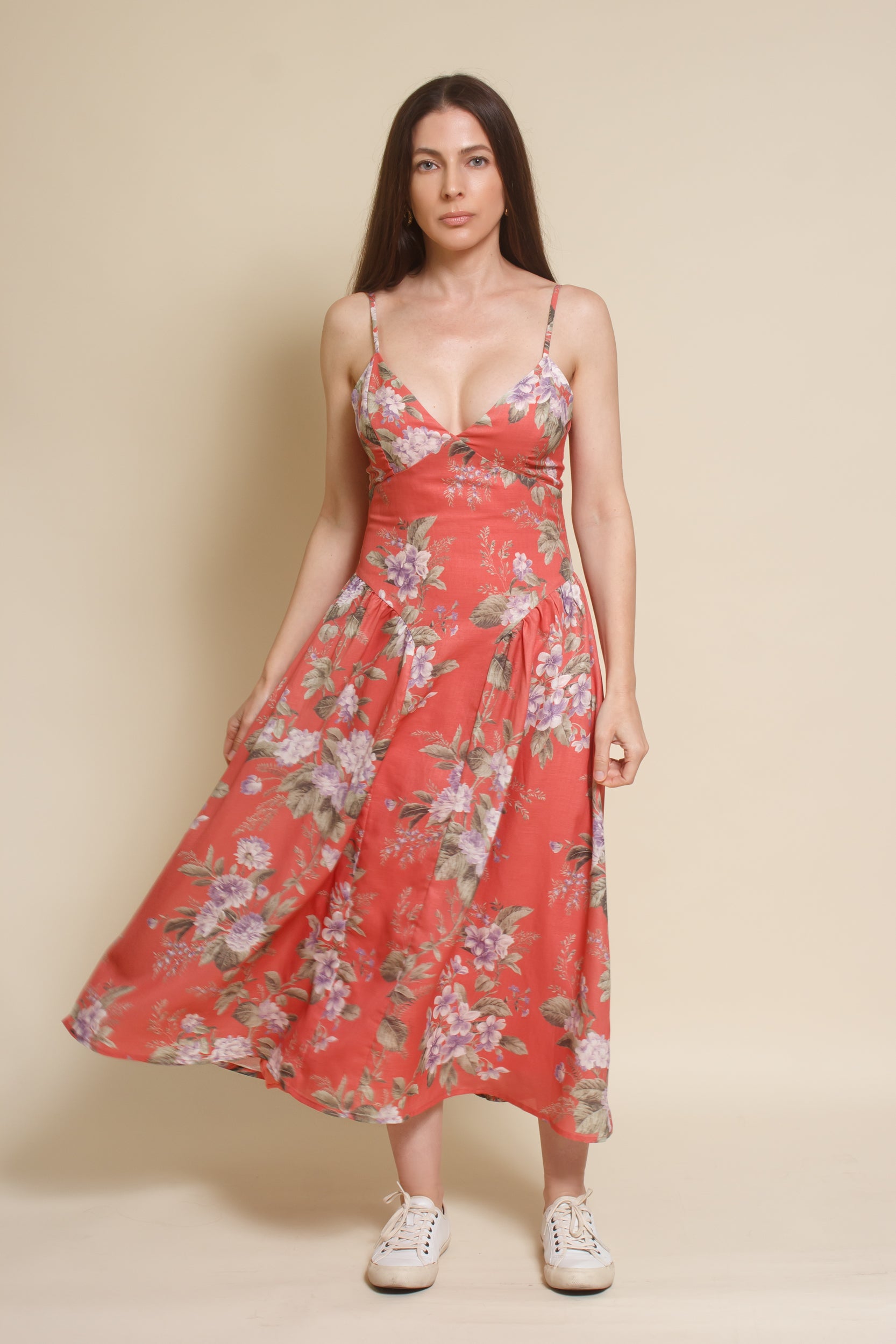 Storia basque waist floral midi dress, in coral.