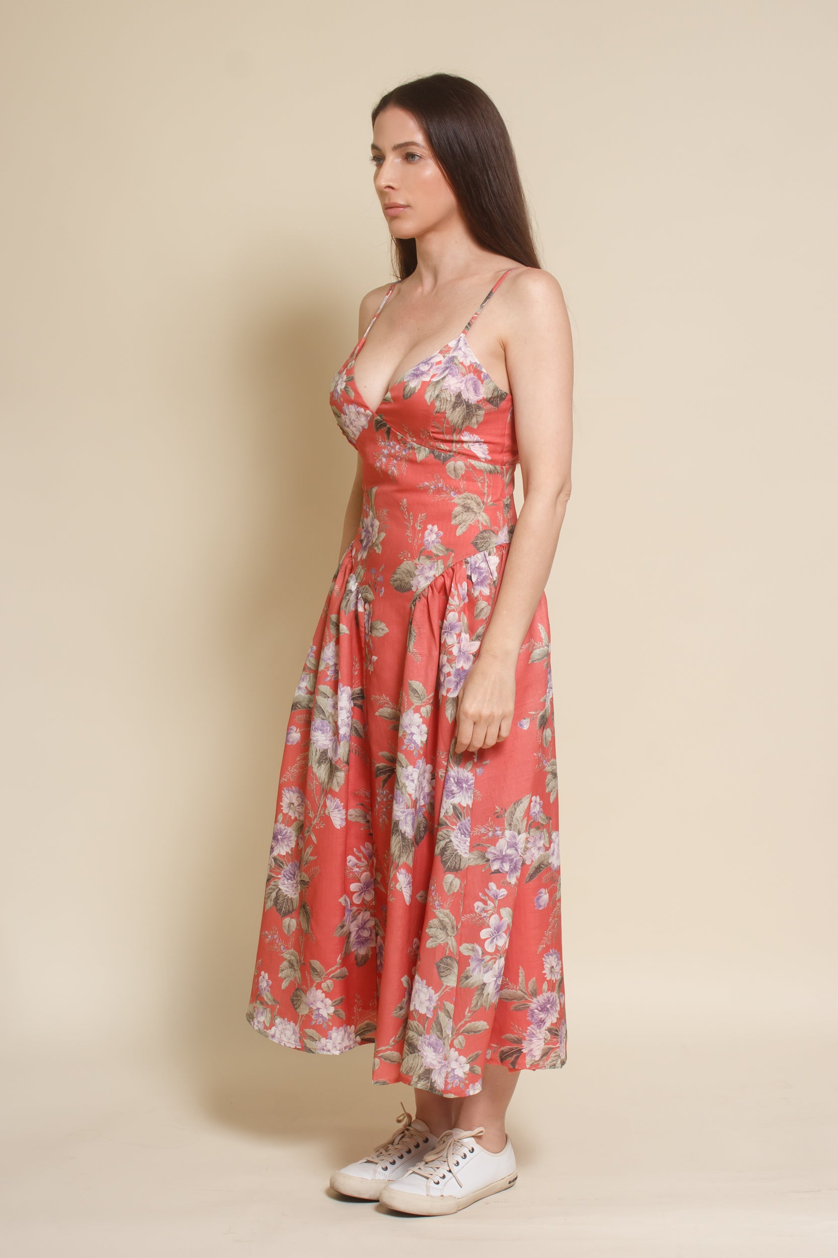 Storia basque waist floral midi dress, in coral.