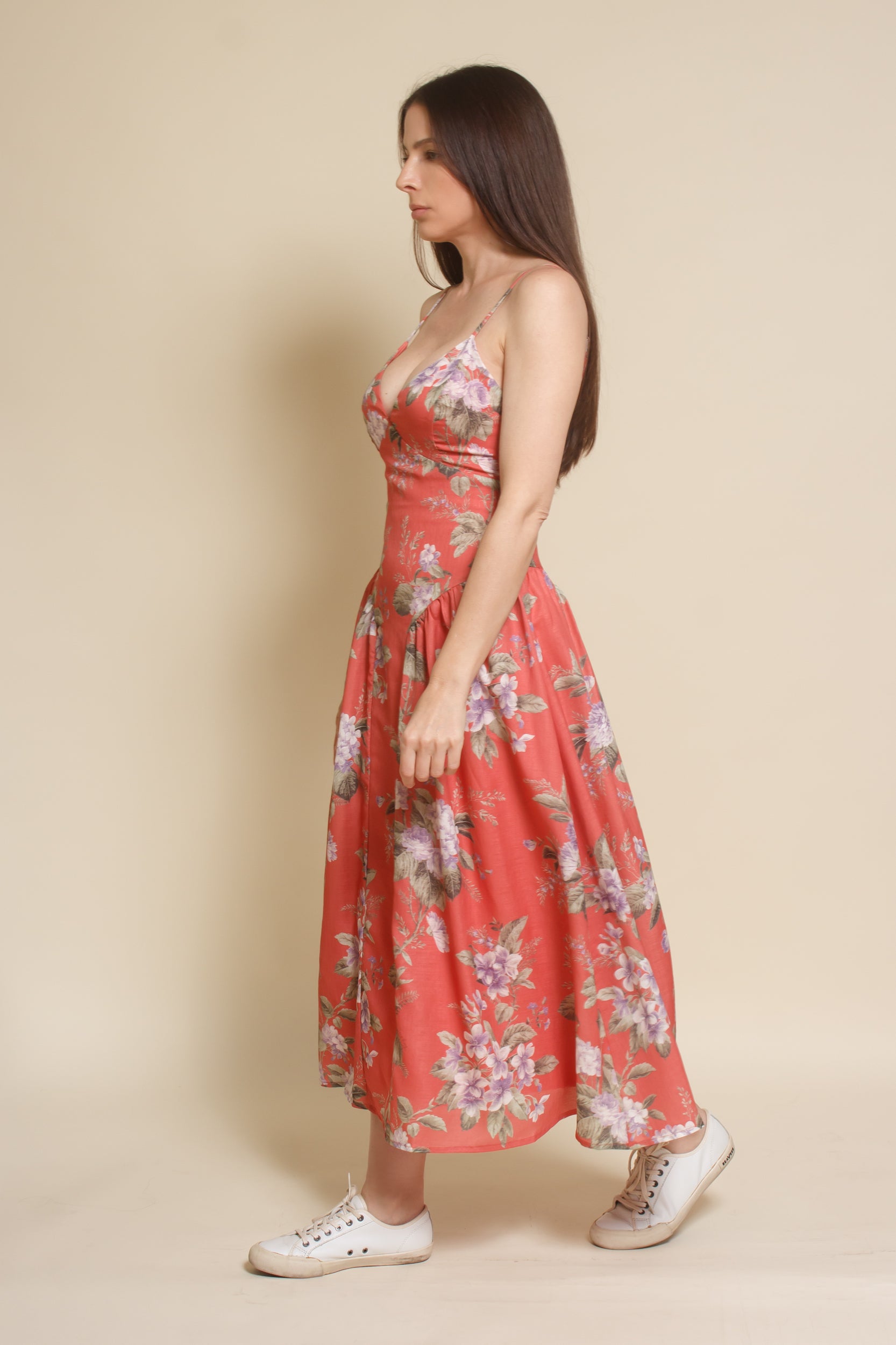 Storia basque waist floral midi dress, in coral.