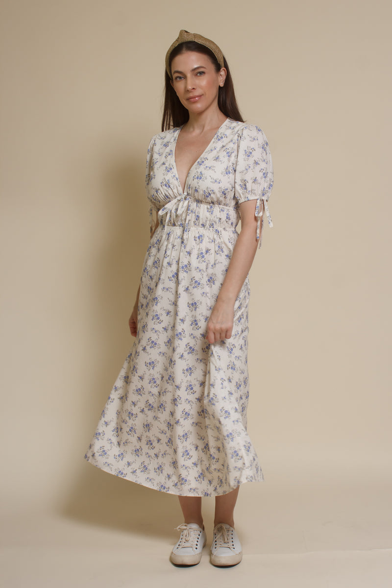 Storia short sleeve smocked midi dress, in blue floral.