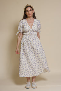 Storia short sleeve smocked midi dress, in blue floral.