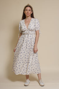 Storia short sleeve smocked midi dress, in blue floral.