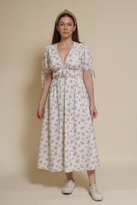 Storia short sleeve smocked midi dress, in blue floral.