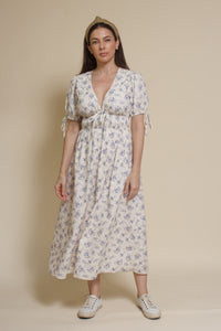 Storia short sleeve smocked midi dress, in blue floral.