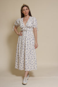 Storia short sleeve smocked midi dress, in blue floral.