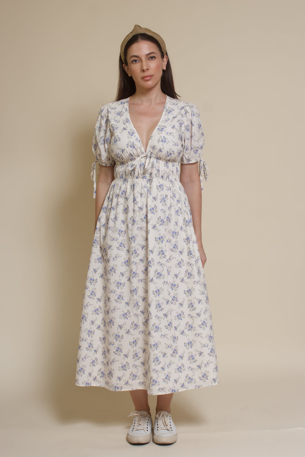 Storia short sleeve smocked midi dress, in blue floral.