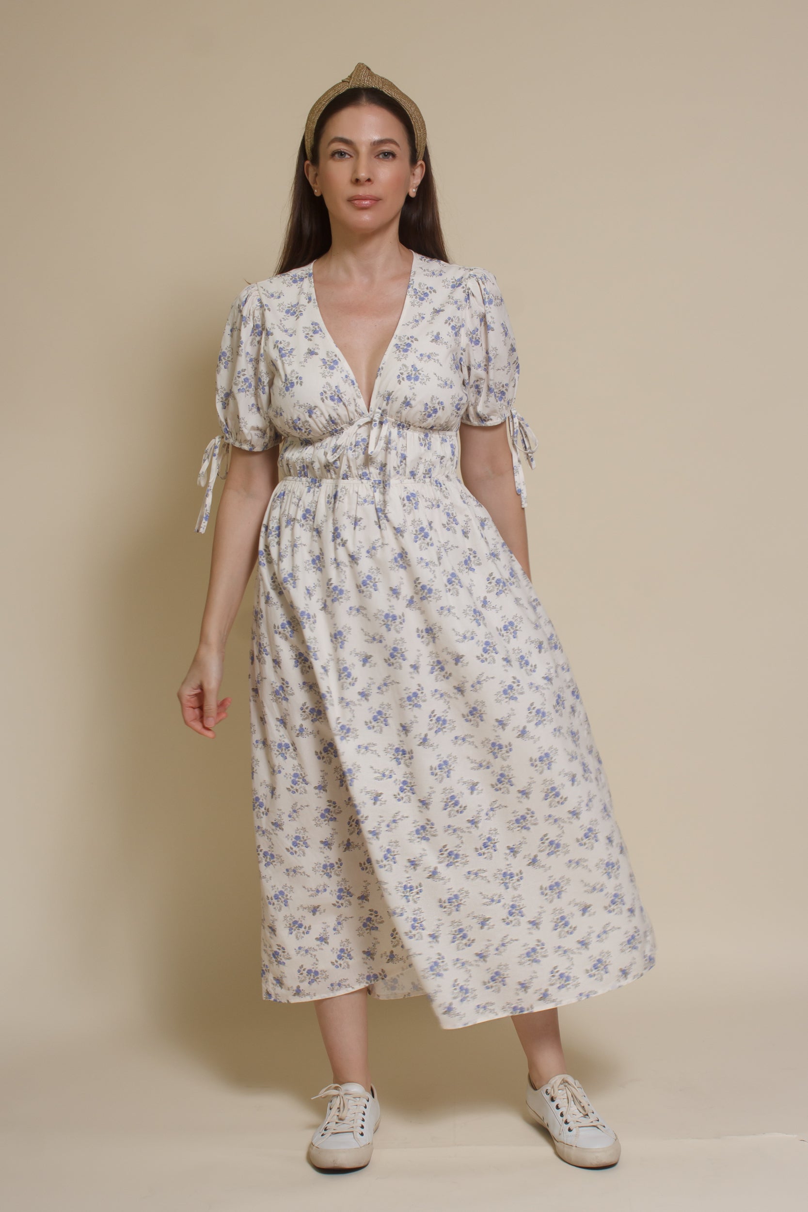 floral midi puff sleeve dress Stella Short Puff Sleeve Floral Print Midi Dress Blue LARGE