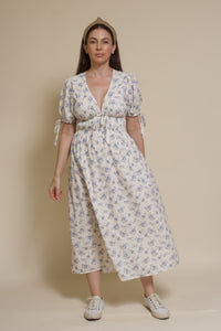 Storia short sleeve smocked midi dress, in blue floral.