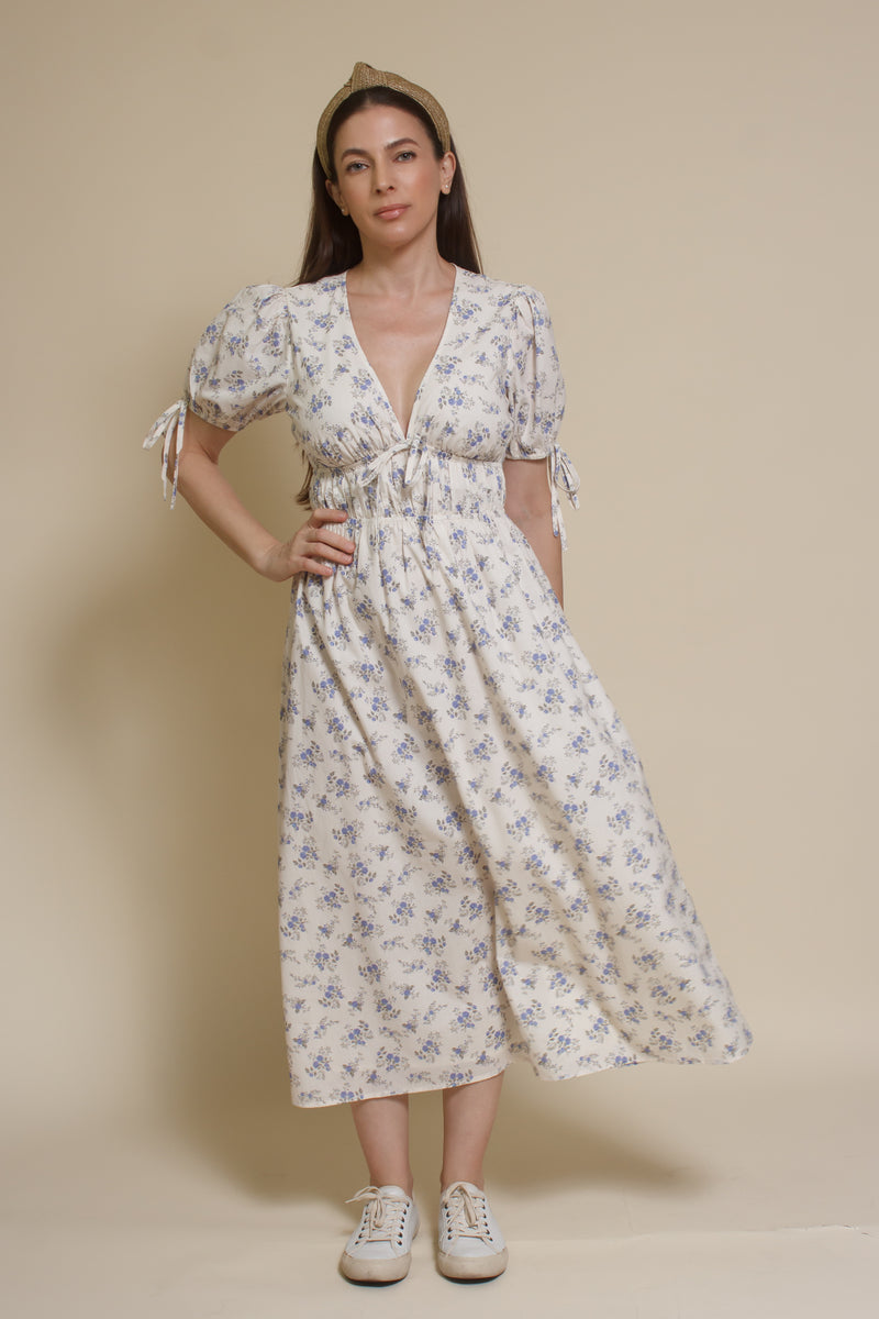 Storia short sleeve smocked midi dress, in blue floral.
