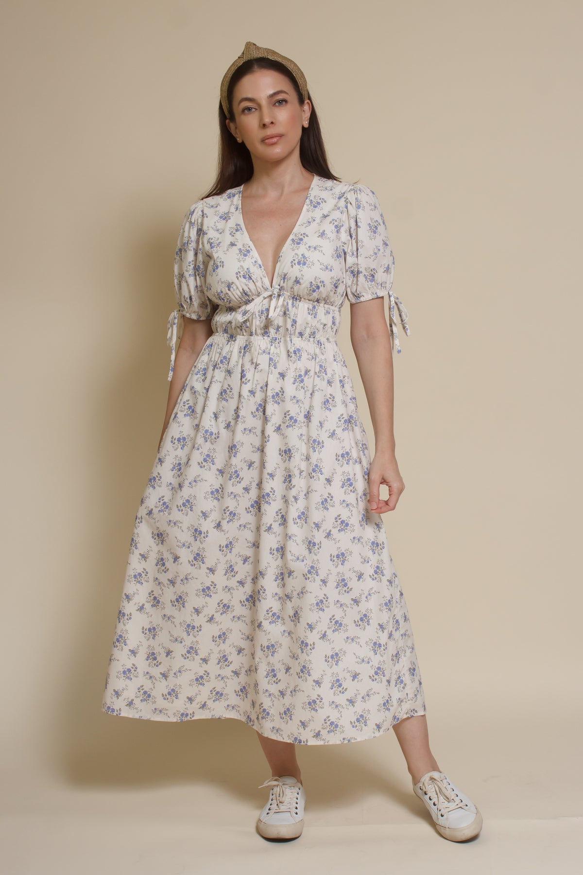 Storia short sleeve smocked midi dress, in blue floral.