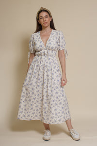 Storia short sleeve smocked midi dress, in blue floral.