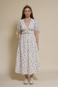Storia short sleeve smocked midi dress, in blue floral.