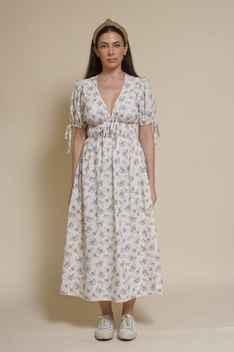 Storia short sleeve smocked midi dress, in blue floral.