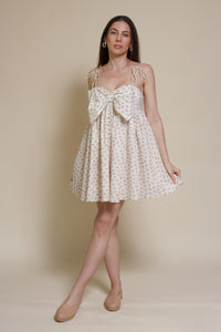 Storia ditsy floral bow front mini dress, in cream multi.