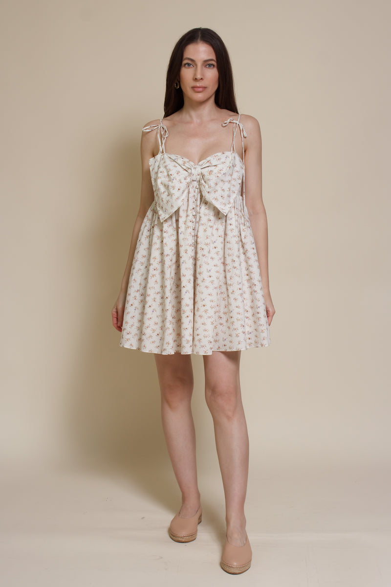 Storia ditsy floral bow front mini dress, in cream multi.
