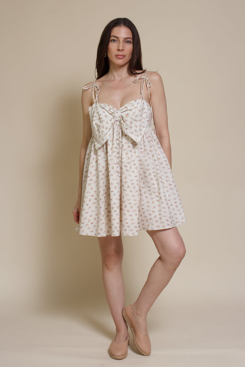 Storia ditsy floral bow front mini dress, in cream multi.