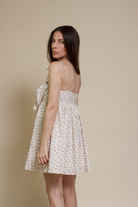 Storia ditsy floral bow front mini dress, in cream multi.