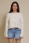 Storia cropped pointelle sweater with scalloped edges, in cream.