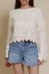 Storia cropped pointelle sweater with scalloped edges, in cream.