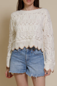 Storia cropped pointelle sweater with scalloped edges, in cream.