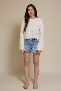 Storia cropped pointelle sweater with scalloped edges, in cream.