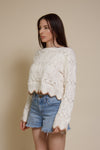 Storia cropped pointelle sweater with scalloped edges, in cream.
