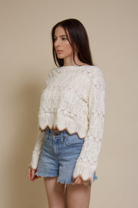 Storia cropped pointelle sweater with scalloped edges, in cream.