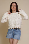 Storia cropped pointelle sweater with scalloped edges, in cream.
