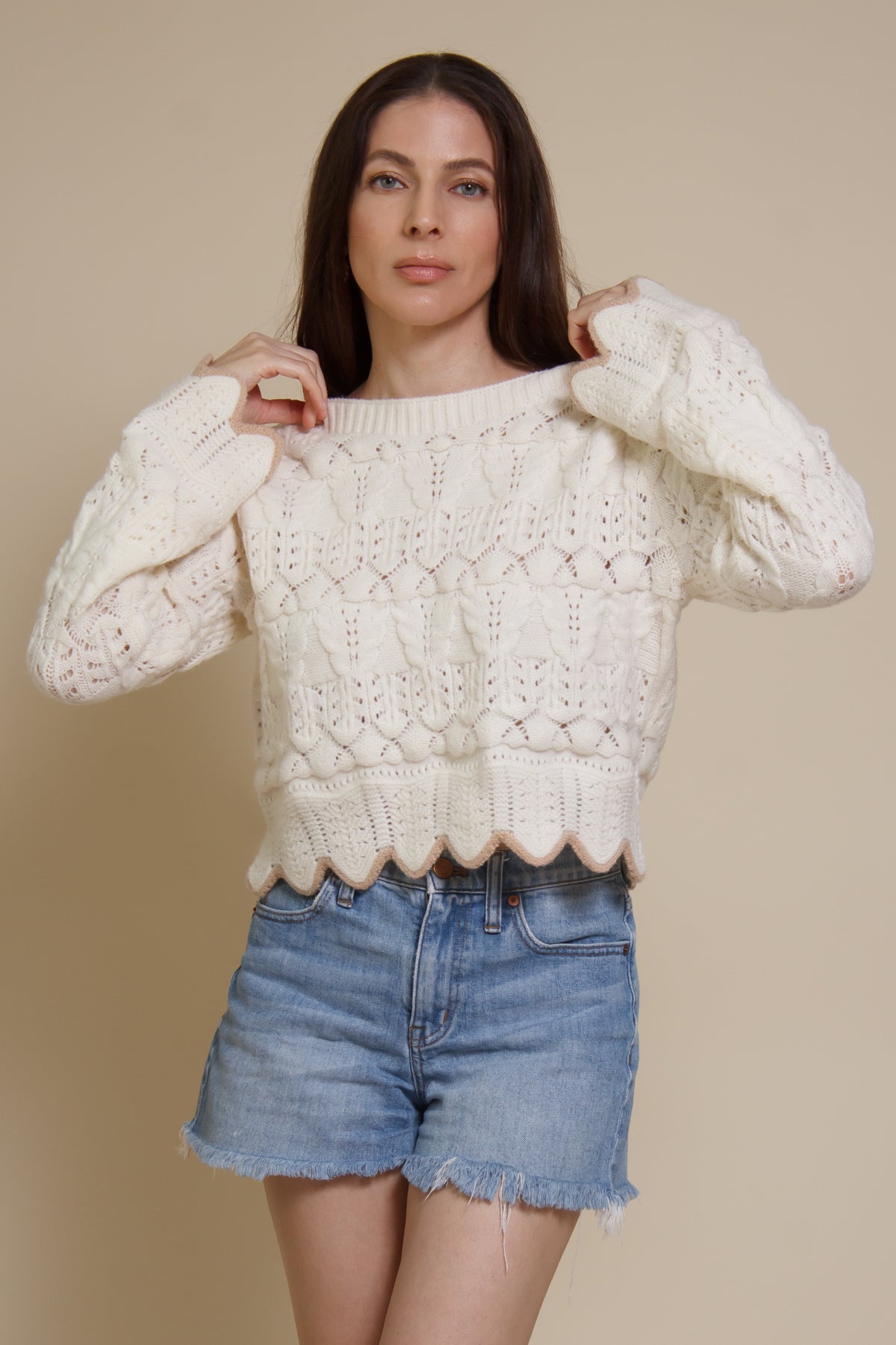 Storia cropped pointelle sweater with scalloped edges, in cream.