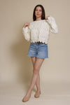 Storia cropped pointelle sweater with scalloped edges, in cream.