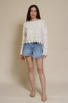 Storia cropped pointelle sweater with scalloped edges, in cream.